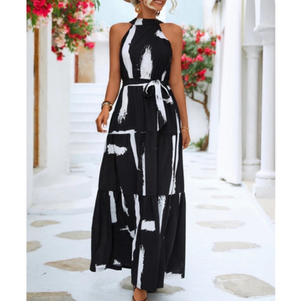 Black Preppy Womens Brush Print Ruffle Hem Belted Halter maxi Dress - Picture 3 of 6